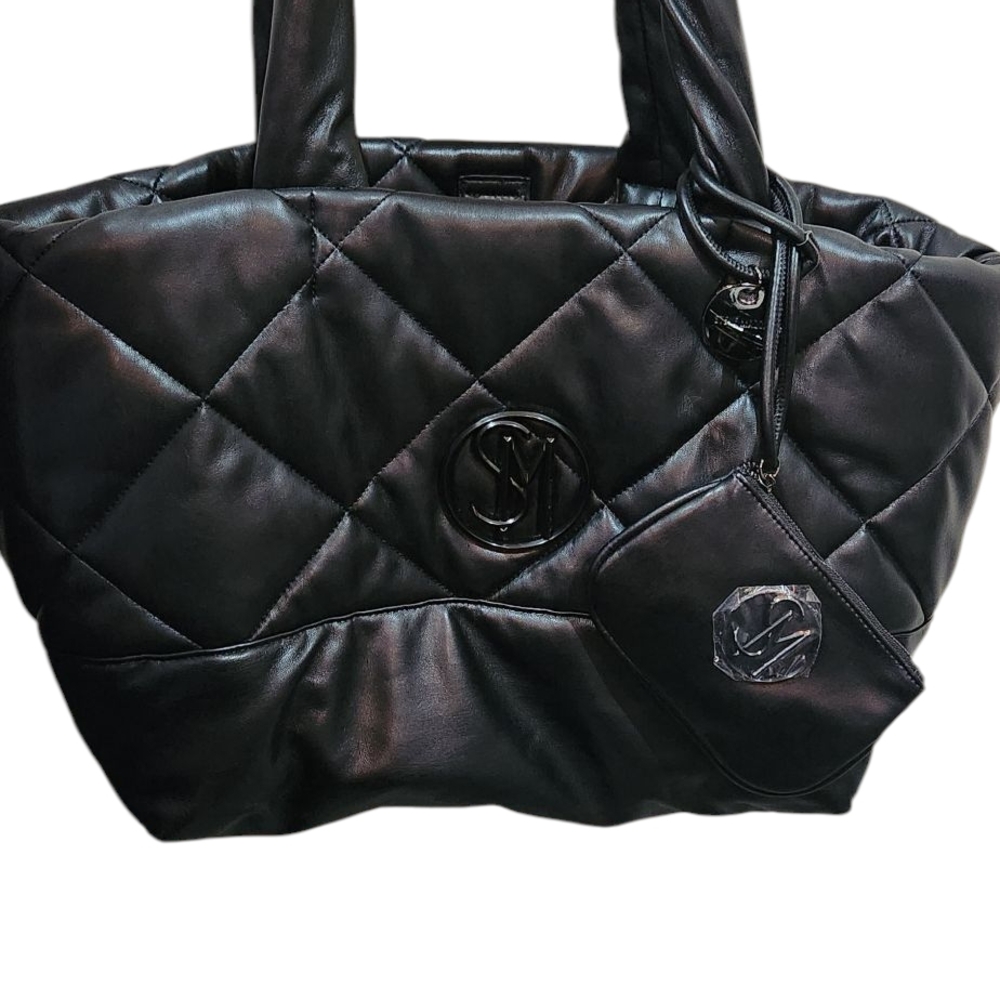 Steve Madden Black Quilted Travel Tote Bag With Matching Wallet